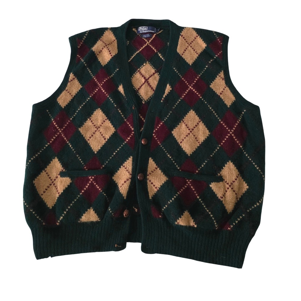 Classic Vintage Polo Ralph Lauren Men's XL Argyle Wool Sweater Vest Button-Up